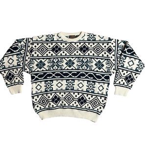 Vintage Eddie Bauer Cable Knit Sweater Mens XL Made in USA Blue White Nordic